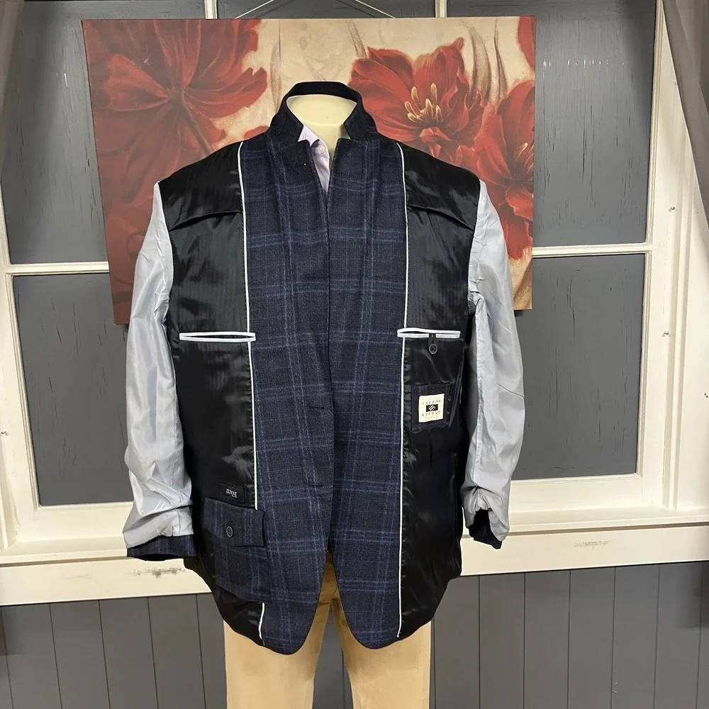 Joseph Abboud Blazer Jacket Sport Coat Mens 46R Wool Navy Flannel Plaid